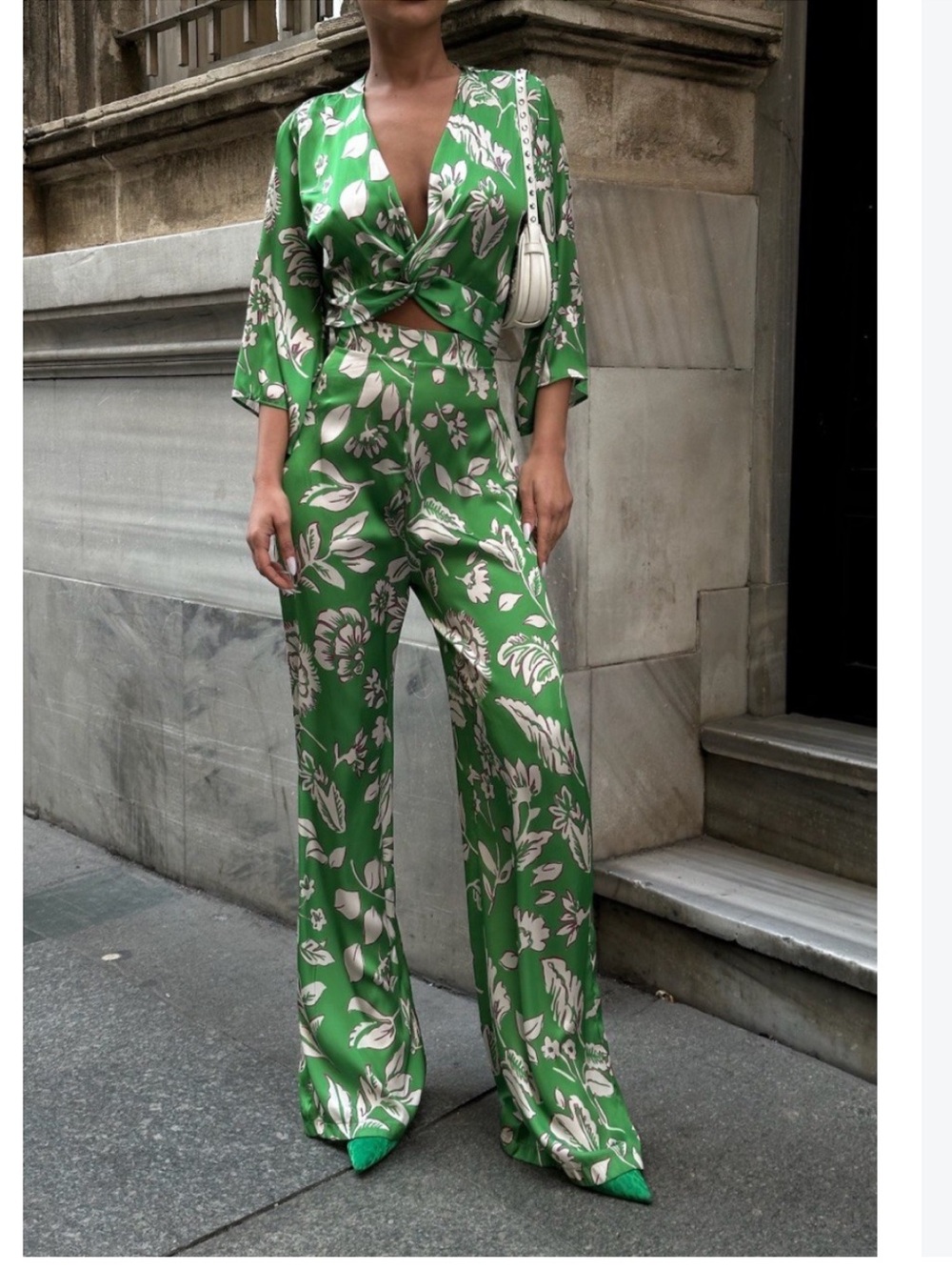 Zara Green and Cream Floral Twist-Front Maxi Dress